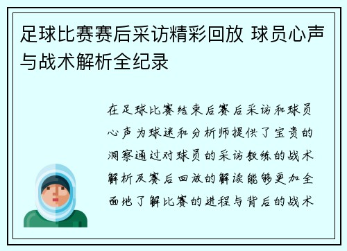 足球比赛赛后采访精彩回放 球员心声与战术解析全纪录