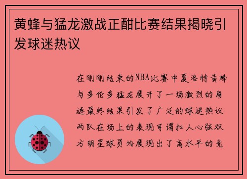 黄蜂与猛龙激战正酣比赛结果揭晓引发球迷热议