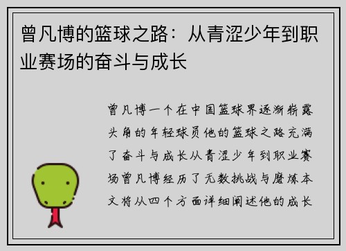 曾凡博的篮球之路：从青涩少年到职业赛场的奋斗与成长