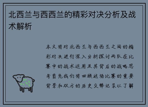 北西兰与西西兰的精彩对决分析及战术解析