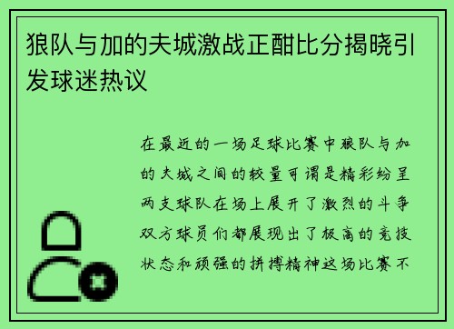 狼队与加的夫城激战正酣比分揭晓引发球迷热议