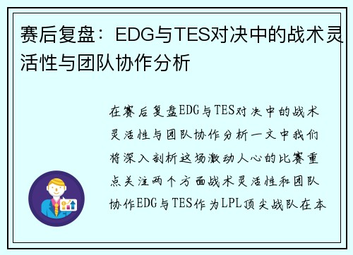 赛后复盘：EDG与TES对决中的战术灵活性与团队协作分析