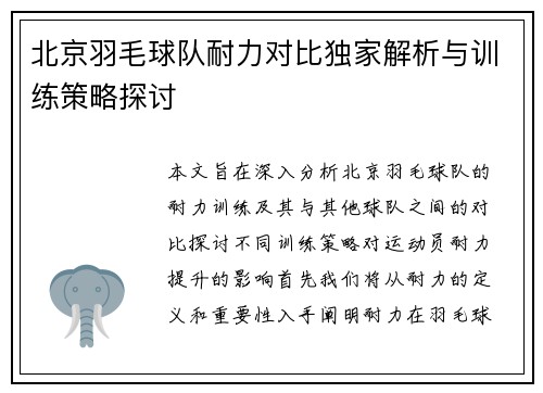 北京羽毛球队耐力对比独家解析与训练策略探讨