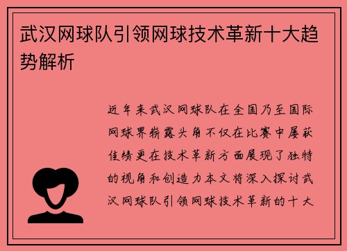 武汉网球队引领网球技术革新十大趋势解析