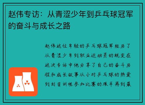 赵伟专访：从青涩少年到乒乓球冠军的奋斗与成长之路